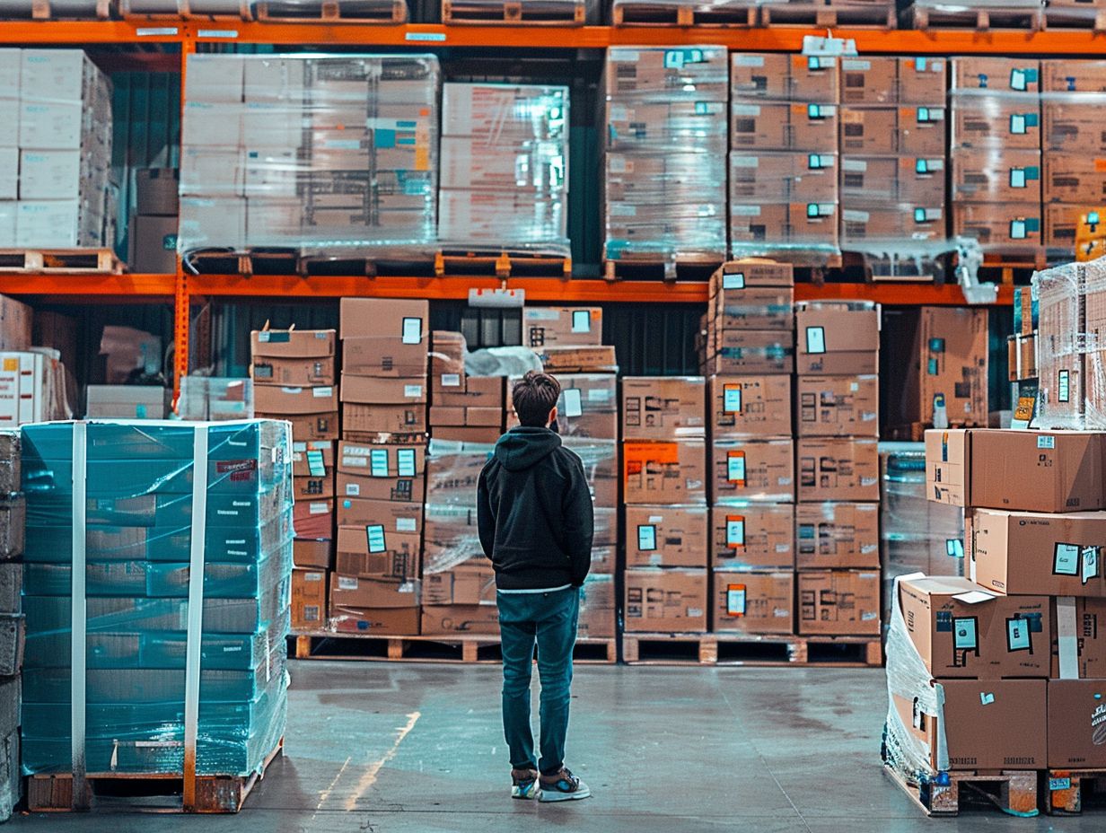 Reseller browsing a warehouse aisle of pallets